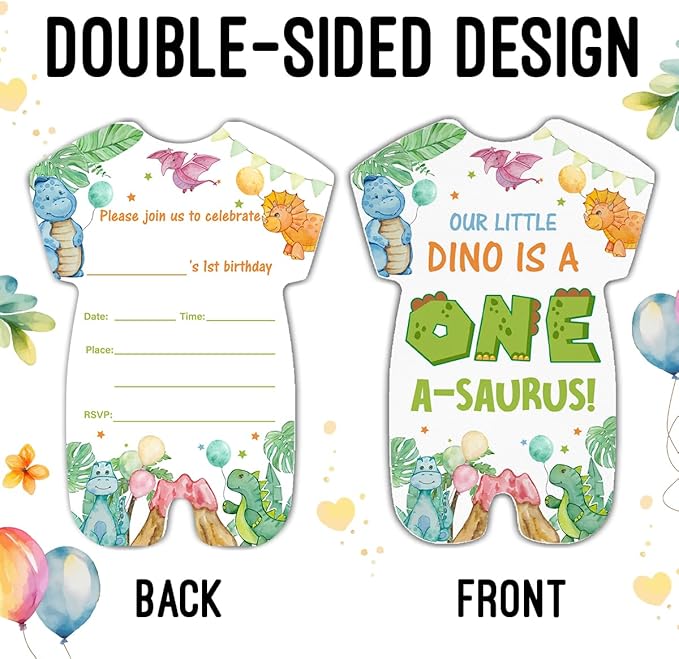 LyoGao Dinosaur 1st Birthday Invitations - Dino Party for Boy First Birthday Fill in Invites Cards With Envelopes (20 Pack)