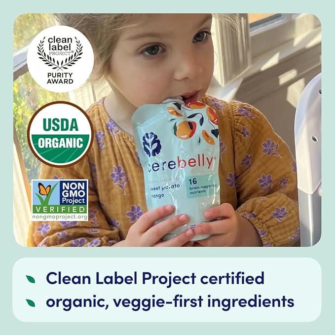 Cerebelly Organic Baby Food Pouches – Organic Veggie Purees for Toddlers | No Added Sugar, Fiber, Non-GMO | Blended Toddler Food | 4oz BPA-Free Baby Food | Sweet Potato Mango | 12 Count