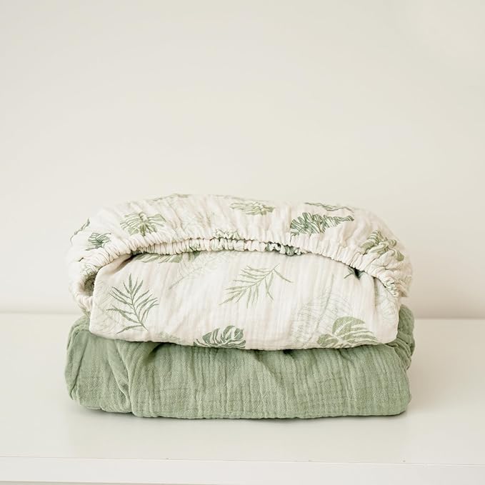Konssy Muslin Crib Sheets for Boys, Soft Cotton Neutral Baby Sheets for Standard Crib Mattress 2 Pack, 52"x28" (Palm Paradise,Sage)