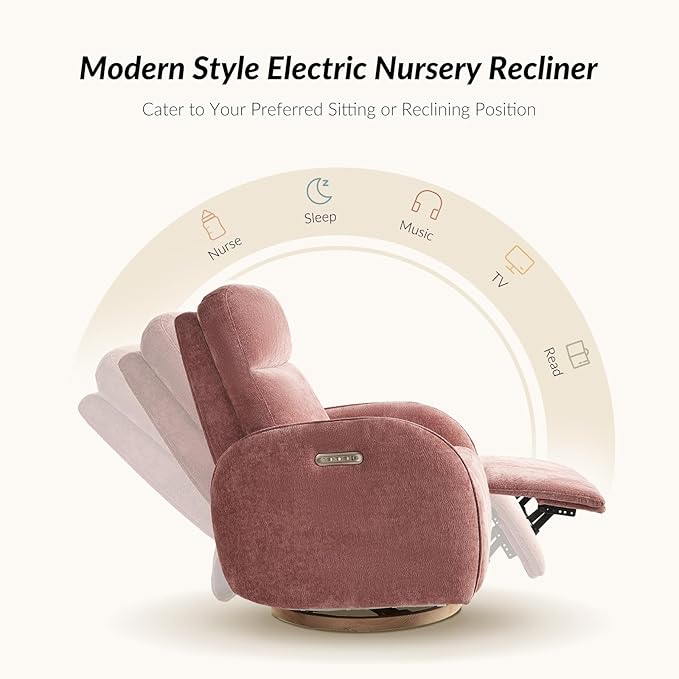 HULALA HOME Glider Recliner Nursery Chair with Adjustable Headrest and Lumbar Support, Modern Power Recliner with USB Port and Nightlight, Swivel Rocker Glider for Nursing Room Bedroom, Pink