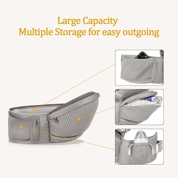 Baby Hip Carrier - Hip Carrier for Baby with Baby Safety Strap - Toddler Carrier 7-45 lbs - Ergonomic Infant Holder Baby Carrier with Hip Seat Large Capacity Pockets(Light Grey)
