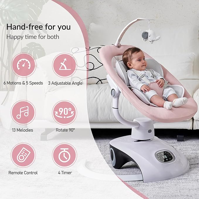 Baby Swing for Infants Electric Automatic Multi Motion Newborn for Girl & Boy with Remote Control, 5 Speed, 13 Melodies, Pink