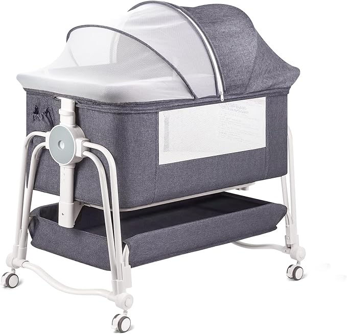 4 in 1 Baby Bassinet Bedside Sleeper, Rocking Baby Crib with Lockable Wheels, Storage, Mosquito Net and Matress Included, 7 Level Adjustable Bedside Bassinet for Baby Newborn(Gray)