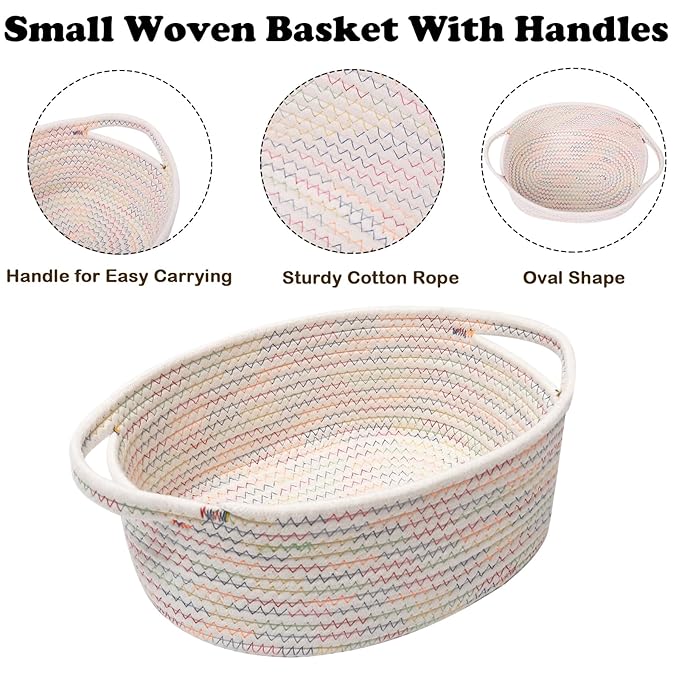 Gift Basket with Gift Bag and Ribbons,Small Rope Woven Shelf Storage,Baskets for Gifts Empty,Birthday,Shower,Decorative Organizer Box for Cat Dog Pet with Handles(Colorful Thread)