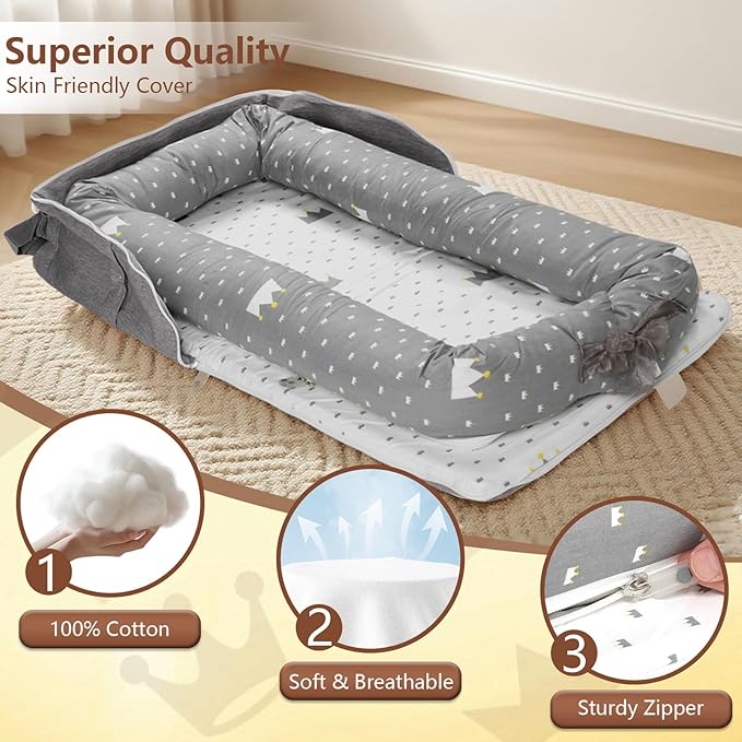 Baby Lounger for Newborn to Toddler 0-24 Months - Portable Infant Lounger with Breathable Cotton, Adjustable Size & Lengthen Space Travel Strap for Home, Outdoor (1. Crown)