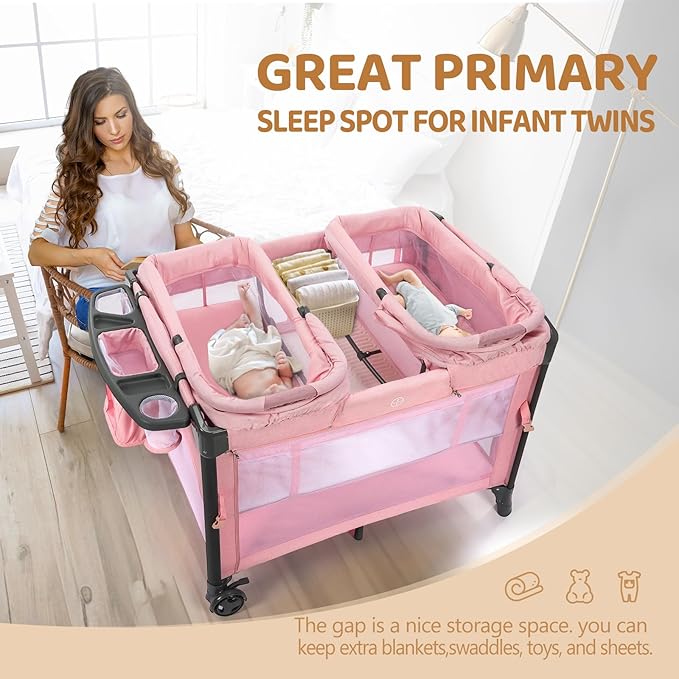 JOYMOR Twin Bassinet for Baby, Pink Bedside Bassinet, Convertible to Bedside Sleeper and Playpen, with Wheel, Brake, Foldable Side Sleeper