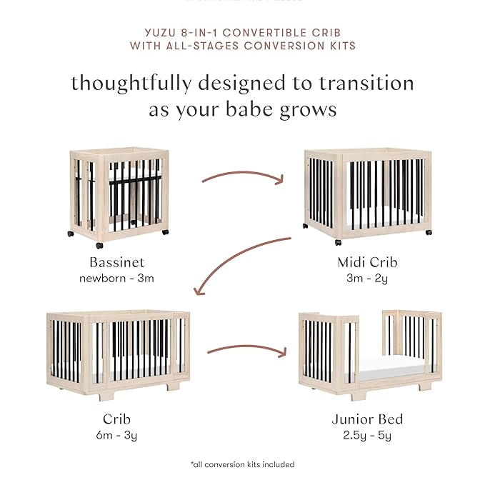 Babyletto Yuzu 8-in-1 Convertible All-Stages® Crib - Conversion Kits for Bassinet, Midi Baby Crib to Toddler Bed, Daybed, Standard Crib & Baby Bed - Portable & Adjustable - GREENGUARD Gold Certified