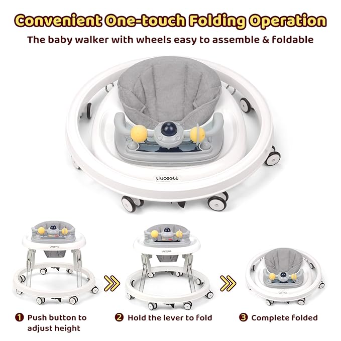 Baby Walker with Wheels,Music and Lights Baby Walker for Boys Girls 6-12 Months,Foldable Baby Walkers and Activity Center,Toddler Infant Walker with 7-Speed Height Adjustment,Detachable Plate,Gray