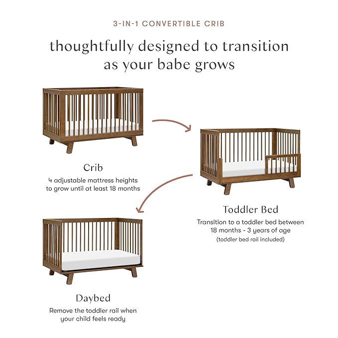 babyletto Hudson 3-in-1 Convertible Baby Crib with Toddler Bed & Daybed Conversion - Strong, Durable & Easy to Assemble - GREENGUARD Gold Certified w/ 4 Adjustable Mattress Heights - Natural Walnut
