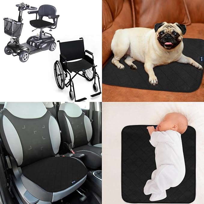 Waterproof Incontinence Chair Pads, 22" x 21" Wheelchair Reusable Seat Pads Cover, Washable Nursery Seat Protector, 4 Pack Black