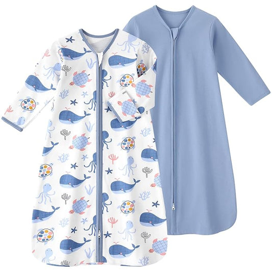 Baby Sleep Sack 12-18 Months, Long Sleeve Baby Wearable Blanket 0.5 Tog with Mittens, 2-Way Zipper Toddler Cotton Sleeping Sack for Boy and Girl Blue Sea 2 Pack(Large)