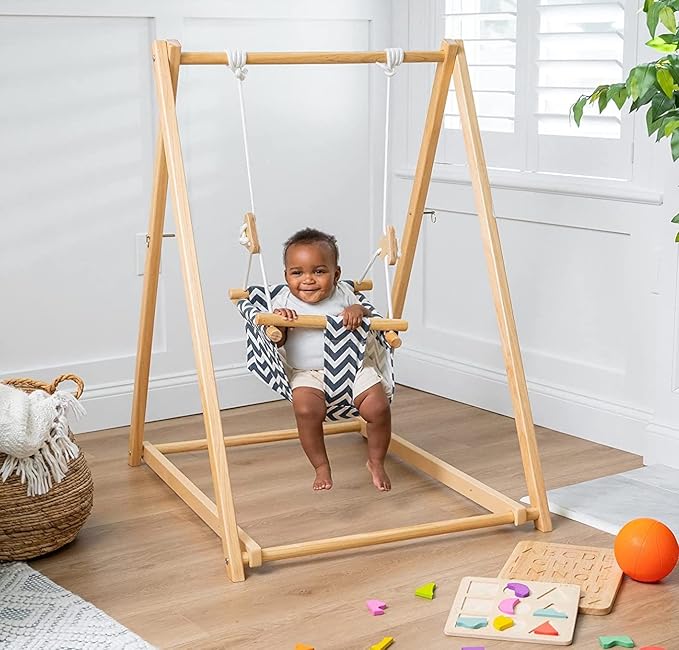 Avenlur Spruce Baby and Toddler Swing with Stand - Foldable Baby Swing - with Seat Belt and Padded Pillow - Free Standing Toddler Swing for Children 6 Months to 3 Years - Montessori and Waldorf Style
