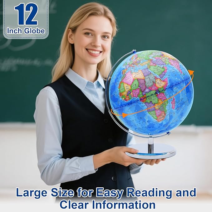 World Globe for Children and Adults, 12 inch Educational Spinning Earth Map with Stand, Self-Assembled Interactive World Globes for Kids Learning, Classroom, Students Desk, Room and Office Decor