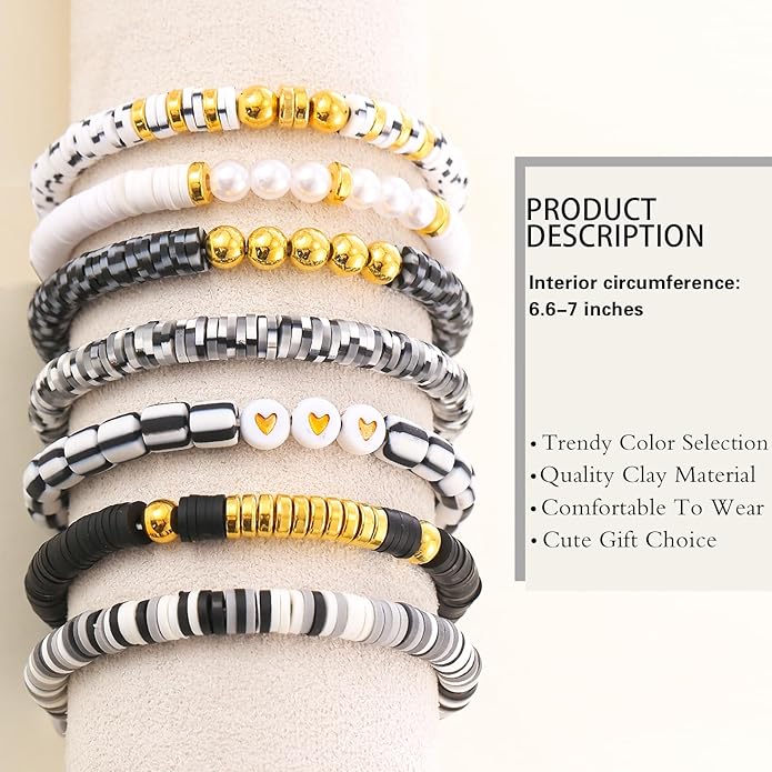 Friendship Bracelets Trendy Heishi Clay Bead Bracelets Stack Gold Beaded Stretch Bracelets for Women Boho Stackable Bracelets Bulk Cute Preppy Jewelry