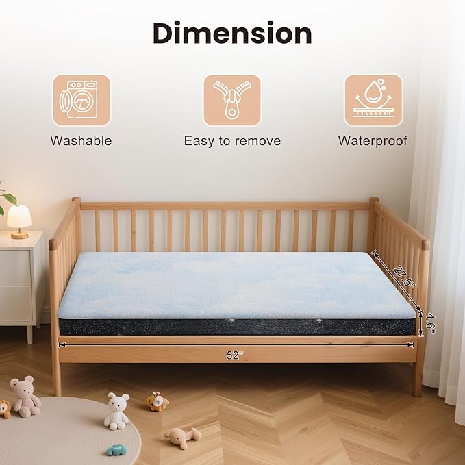 Crib Mattress, 52 x 27 Dual-Sided Comfort Baby and Toddler Mattress with Memory Foam, Waterproof, Breathable & Removable Cover with One of Side Cooling Fiber Fabric Specially Designed for Summer