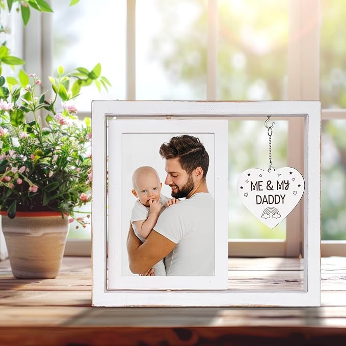 Me and My Daddy Picture Frame,New Dad Gift,Baby Gifts from Daddy,Room Decor Vintage Style,Baby Gender Neutral Rotating Photo Frame 4x6