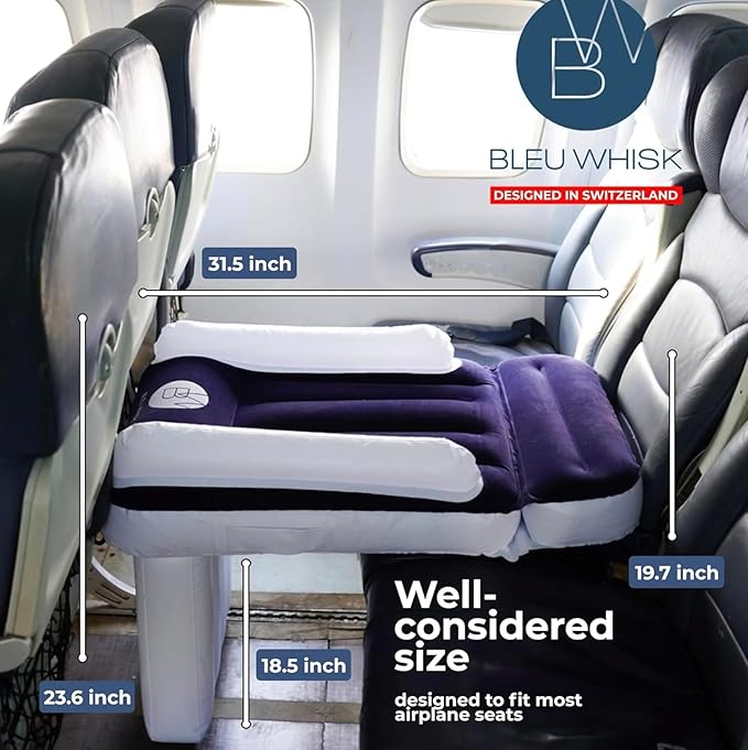 Portable Toddler Air Travel Bed with Raised Sides, Aero Bed for Kids, Ideal for Plane, Car, and Train Journeys, Includes Safety Belt and Manual Pump, Designed to Fit Airplane Seats.