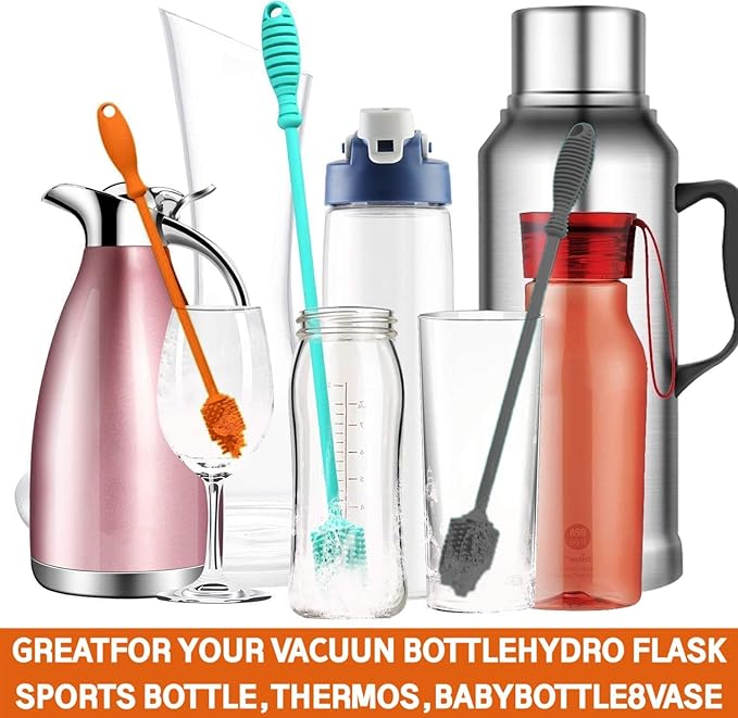 Silicone Bottle Brush Cleaner Set of 3,Long Handle Bottle Cleaning Brushes for Narrow Neck Containers, Water Bottles, Thermos, Hydro Flasks, Coffee Mugs,Baby Bottles (Orange Upgraded Version)
