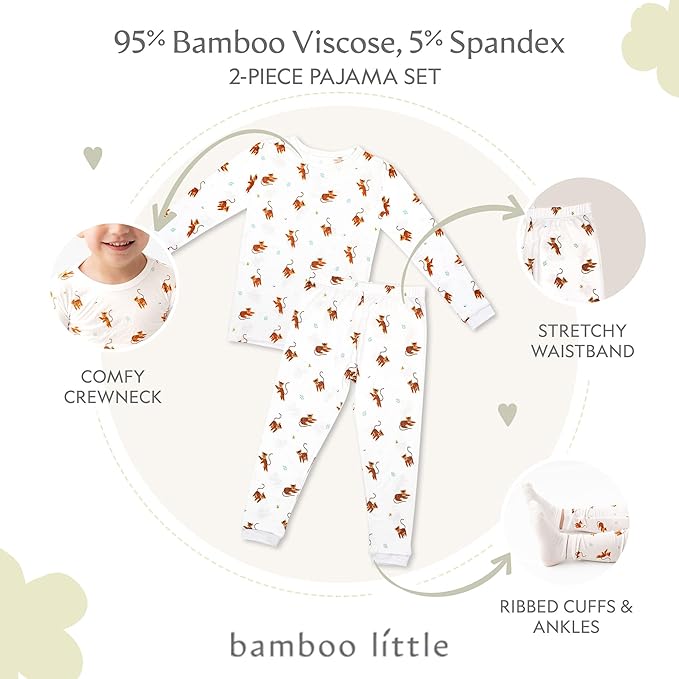 Toddler Pajamas – 95% Bamboo Viscose, 5% Spandex – Soft, Breathable Long-Sleeve Pajama Set for Kids, Sleepwear, Imported