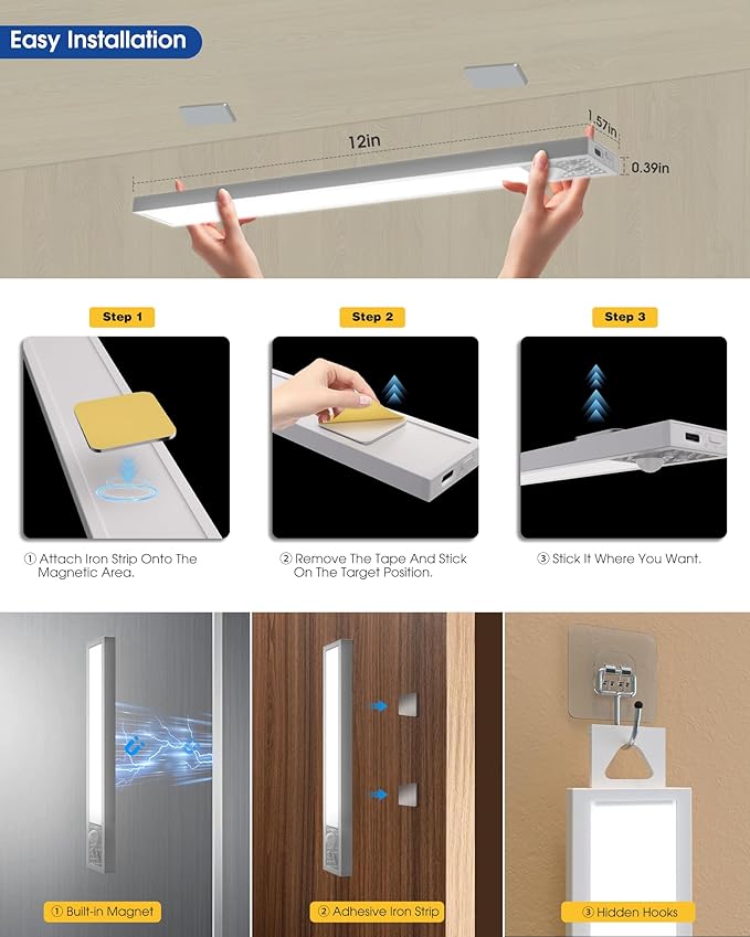 12 Inch Under Cabinet Lighting, 3Pack 5CCT Dimmable Closet Lights, Motion Sensor LED Lights of Battery Operated, Rechargeable Under Counter Light for Kitchen, Stairs, Bedroom, Wardrobe