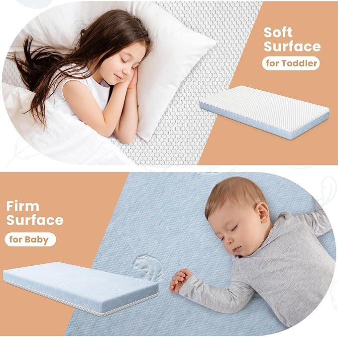 Crib Mattress, 52 x 27 Dual-Sided Comfort Baby and Toddler Mattress with Memory Foam, Waterproof, Breathable & Removable Cover with One of Side Cooling Fiber Fabric Specially Designed for Summer