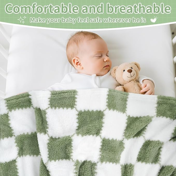 Checkered Baby Blanket for Boys Girls, 2 Pack Soft Baby Boy Girl Blankets, Small 28 x 40 inches Toddler Fleece Blanket, Essentials Crib Stroller Items, Newborn Gift (Green)