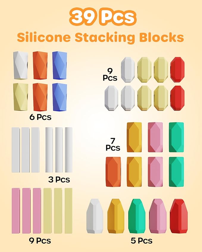 D-FantiX 39 PCS Silicone Sorting Stacking Rocks Stones, Sensory Learning Montessori Toys for 3 4 5 6 Year Old Kids, Educational Stacking Toys Building Blocks for Toddlers