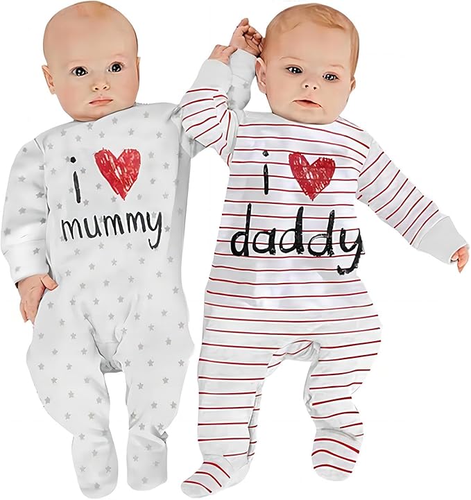 2-Pack Baby Clothes Newborn Bodysuits I Love Daddy &Mummy Romper, Cotton Footed Pajamas for Baby Boys and Girls