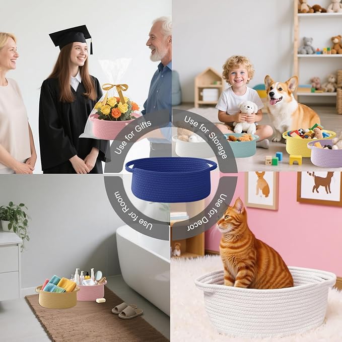 Gift Basket with Gift Bag and Ribbons,Small Rope Woven Shelf Storage,Baskets for Gifts Empty,Birthday,Shower,Decorative Organizer Box for Cat Dog Pet with Handles(Royal Blue)