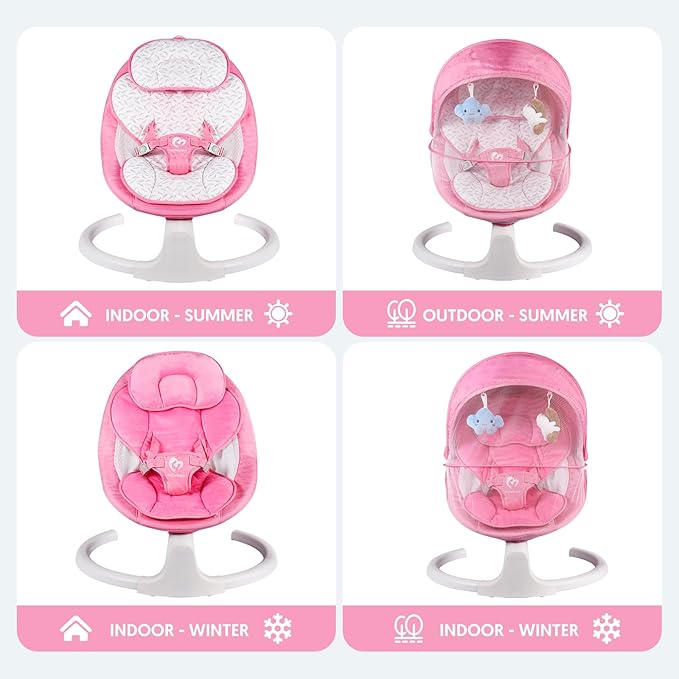 Bluetooth Baby Swing for Infants, Compact & Portable Baby Swing for Girl, 3 Seat Positions, 5 Swing Speed, 10 Music, Remote Control, USB Plug-in Power, Reversible Cushion for All Seasons