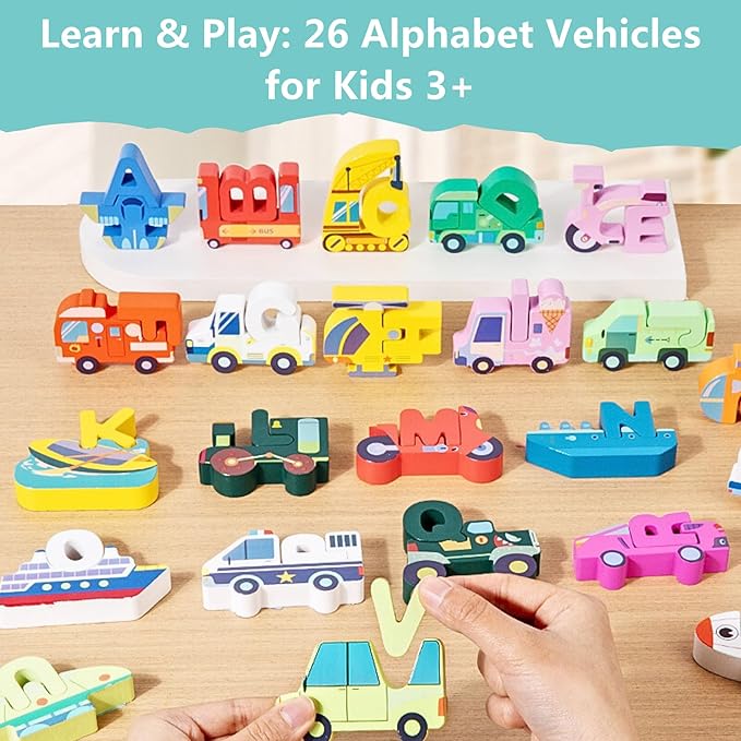 52 Pieces Wooden Alphabet Transportation Puzzle for Kids Ages 3+, ABC Learning Toys with Vehicles, Montessori Educational Toy for Toddlers, CPC Certified Alphabet Blocks for Boys and Girls