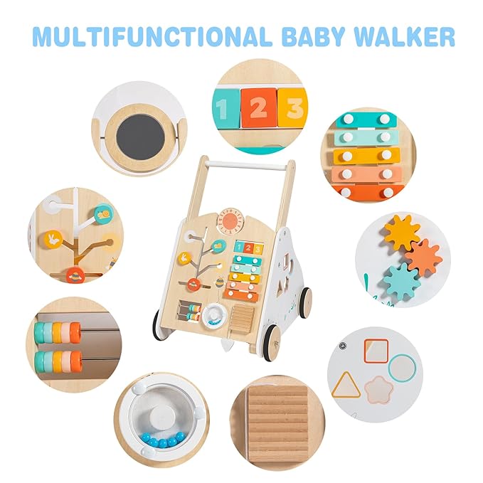 Wooden Baby Walker - Baby Push Walker with Music Box - Toddler Walker Push Toy with Adjustable Speed - Learning Activity Walker - Activity Center for Babies Boys and Girls