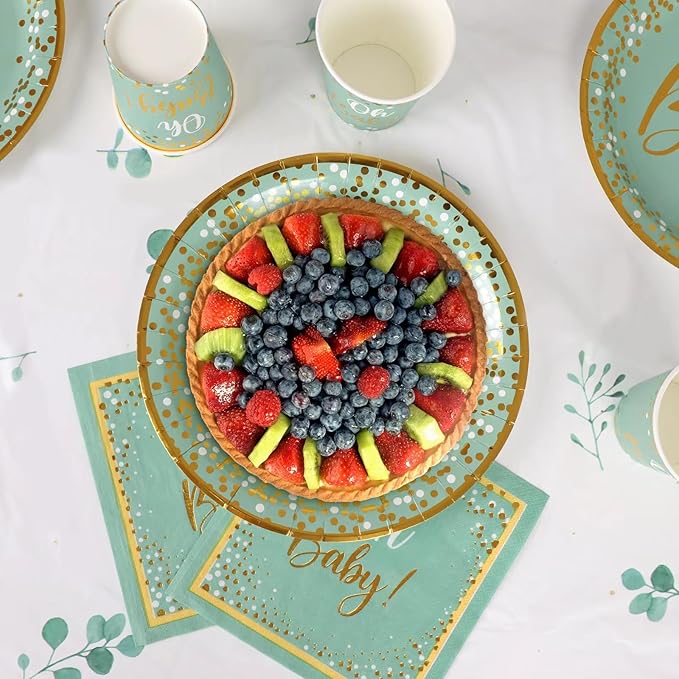 141PCS Sage Greenery Baby Shower Party Supplies Disposable OH Baby Tablecloth Paper Plates Napkins Cups Knives Spoons Forks for Boy Girl Birthday Party Decorations Serve 20
