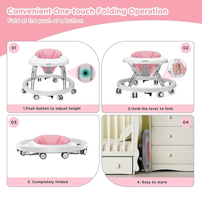 One-Touch Folding Baby Walker, Anti-Roll 8-Wheel Round Chassis, 7-Speed Height Adjustment, with Large Dinner Plate and Brake, 6-18 Months Baby Walker, Pink.