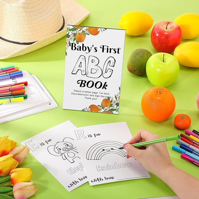 Geelin 51 Pcs Fun Baby Shower Game Activities First ABC Book Sign Coloring Game Card 26 Alphabet a to Z Coloring Card with 24 Watercolor Pen Storage Bag for Baby Shower Party(Orange Tree)