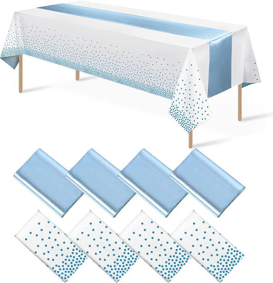 8Pack Disposable Plastic Tablecloths and Satin Table Runner Set White and Light Blue Dot Tablecloth Light Blue Satin Table Runner for Wedding Birthday Baby Shower Engagement Christmas Party Supplies