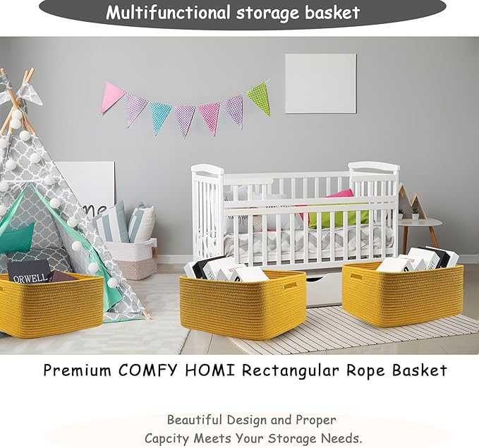 COMFY-HOMI 2 pcs Large Storage Baskets for Shelves, Laundry Basket, Woven Rope Basket, Closet Organizer Bins for Clothes Blanket Towels, Baby Nursery, Gift Toy Baskets, 17” x 13” x 7.5”-yellow