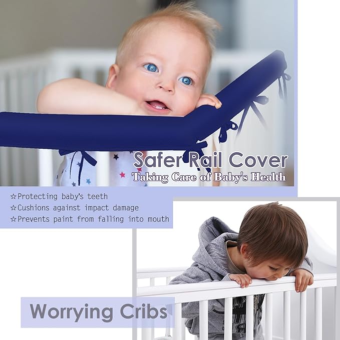 4 in 1 Crib Rail Covers for Teething,Soft Breathable Anti-Collision Crib Teething Rail Cover Edge Protector Strip(2025 New) (Blue-4pc)