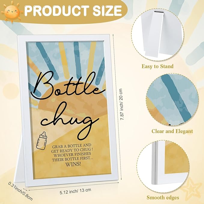 Roowest Bottle Chug Baby Shower Game Favors Including Blue Son Theme Wooden Sign and 18 Pcs Baby Bottles for Gender Reveal Party Supplies