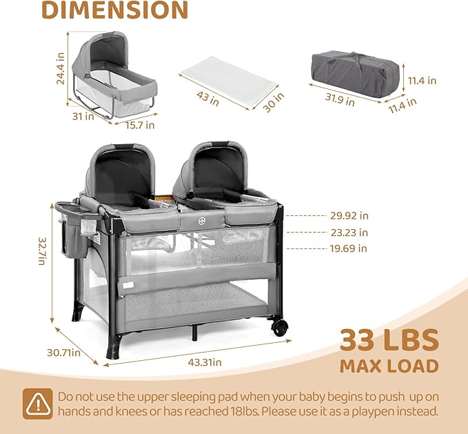 JOYMOR Twin Bassinet for Baby, Bedside Bassinet, Convertible to Bedside Sleeper and Playpen, with Wheel, Brake, Foldable Side Sleeper, Gray