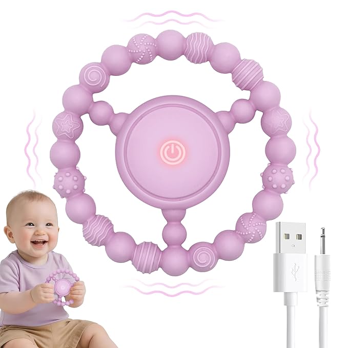 Vibrating Sensory Chew Toy for Babies & Autism Support - USB Rechargeable Baby Teething Toy with 3 Vibration Modes, Safe Silicone Chewers for Toddlers 6+ Months(Pink)