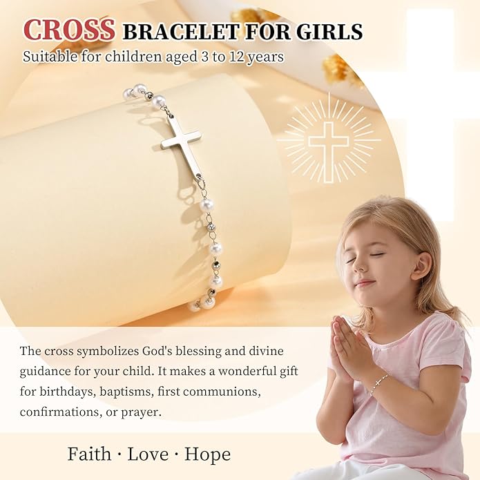Baby Baptism Cross Bracelet Gift : 18k Gold Plated/Silver Delicate Pearl Cross Bracelets Kids Daughter Granddaughter Birthday First Communion Confirmation Gifts Christian Jewelry for Boys Girls