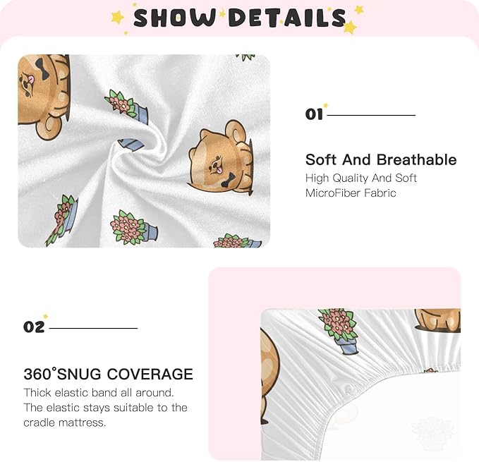 Baby Crib Sheets Kawai Pomeranian Crib Sheets for Boys Girls,Neutral Bassinet Toddler Bed Play Sheets Breathable Soft and Portable 52 * 28 * 9in