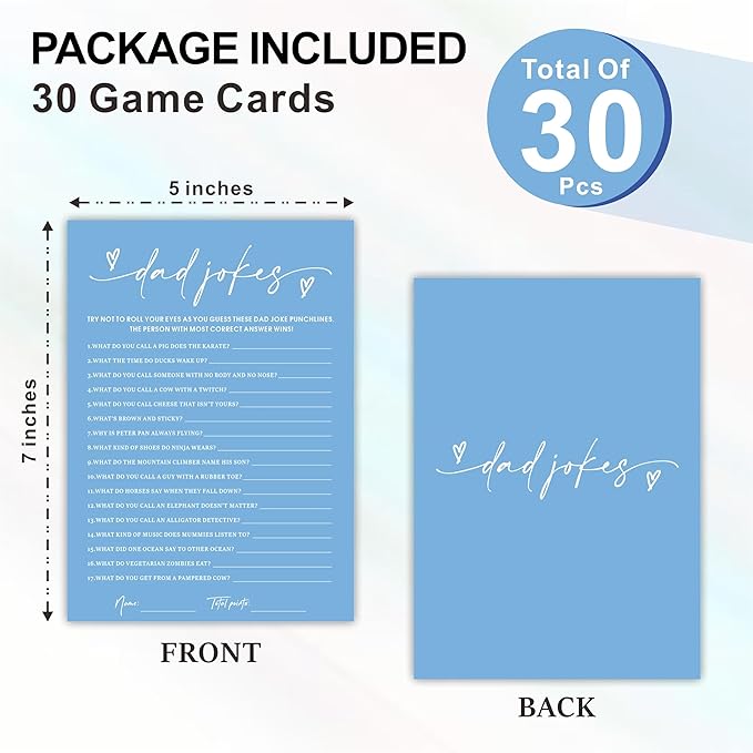 Dad Jokes Baby Shower Game Cards - Minimalism Blue - 30 Double-Sided Fill In Style Game Cards For Gender Reveal, Baby Announcement, Party Games & Activity - C05