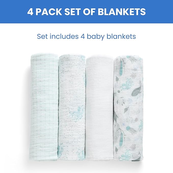 Delta Children 100% Cotton Muslin Baby Receiving Blankets for Girls and Boys – 47x47 Inches (Pack of 4), Sea Life
