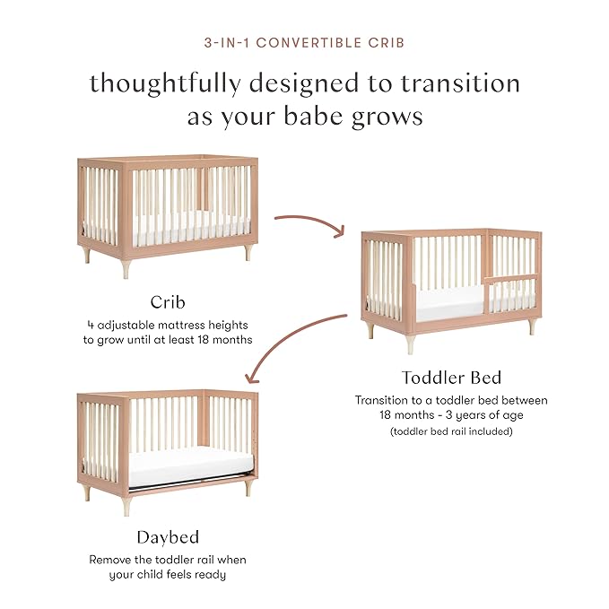 Babyletto Lolly 3-in-1 Convertible Baby Crib - GREENGUARD Gold Certified Convertible Crib to Toddler Bed & Daybed - Wooden Baby Bed, 4 Adjustable Heights - Easy to Assemble - Canyon/Washed Natural