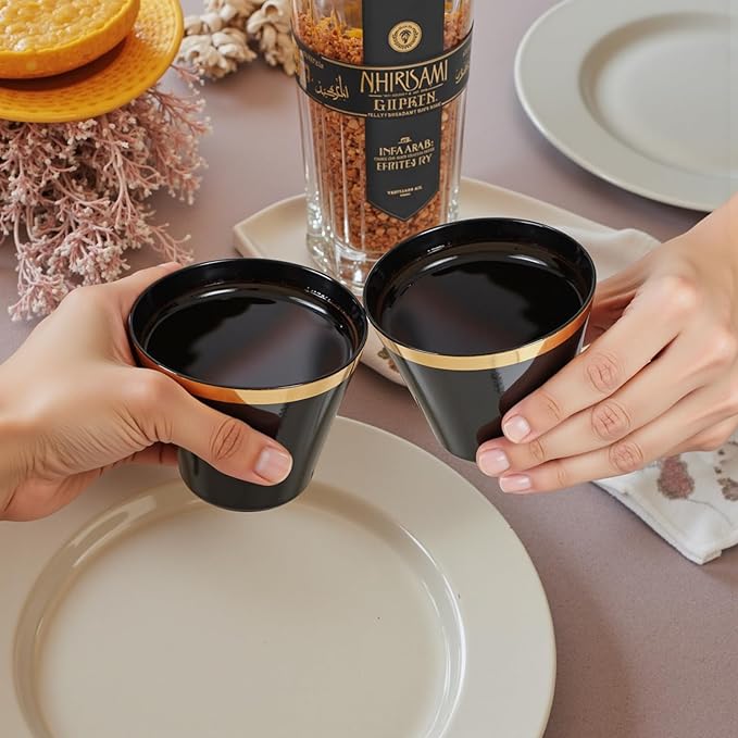 supernal 200 Pcs Gold and Black Plastic Cups-9oz Heavy Duty Plastic Cups,Gold Rimmed Disposable Cups,Disposable Wine Glasses Perfect for Wedding,Birthday Parties,Thanksgiving,Christmas