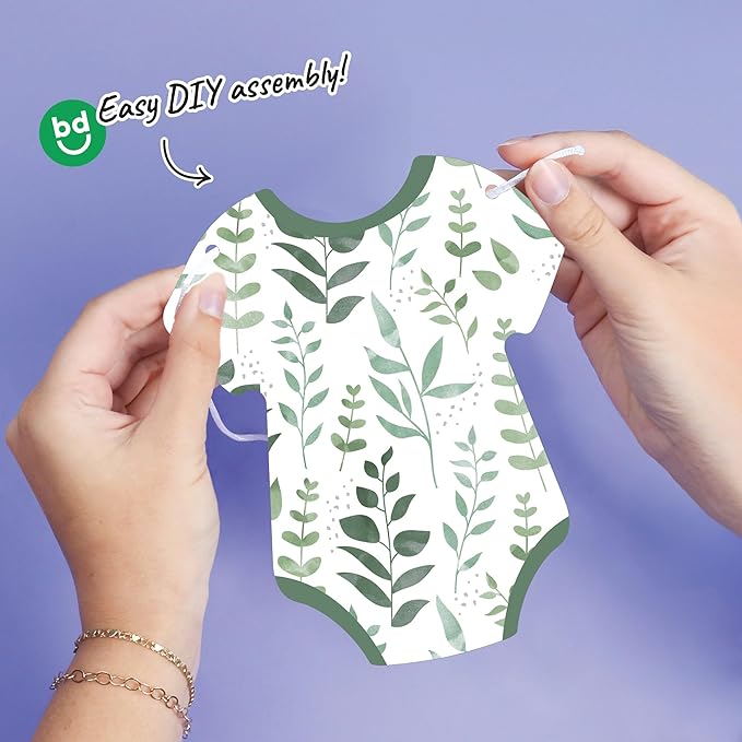 Big Dot of Happiness Boho Botanical Baby Garland Banner, Greenery Baby Shower, Gender Neutral Decorations, 30 Feet of Cord, 15 Double-Sided Green Baby Bodysuits