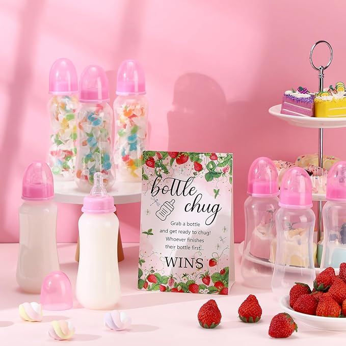 TrelaCo Cool Baby Shower Games Sets 12 Pcs Feeding Bottles with 1 Bottle Chug Sign for Gender Reveal Baby Shower Party Favors Decoration Games(Strawberry,Pink)
