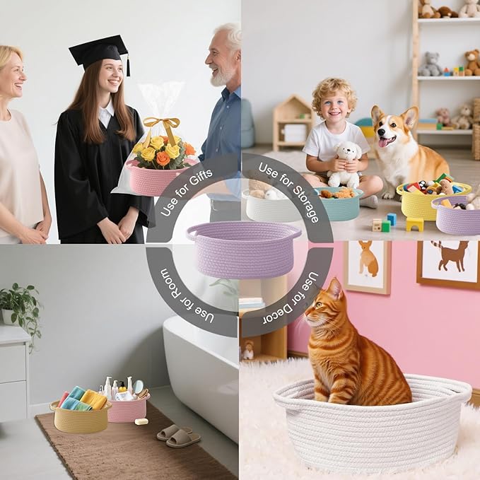 Gift Basket with Gift Bag and Ribbons,Small Rope Woven Shelf Storage,Baskets for Gifts Empty,Birthday,Shower,Decorative Organizer Box for Cat Dog Pet with Handles(Purple)